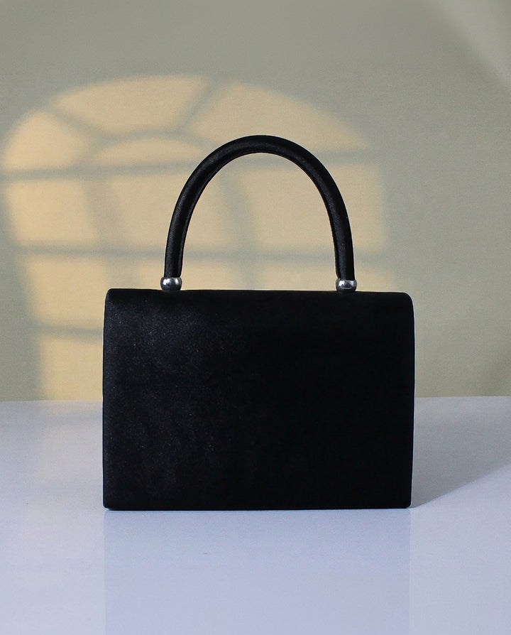 Black Satin Rhinestone Bow Top Handle Silver Chain Crossbody Mini Flap Handbag