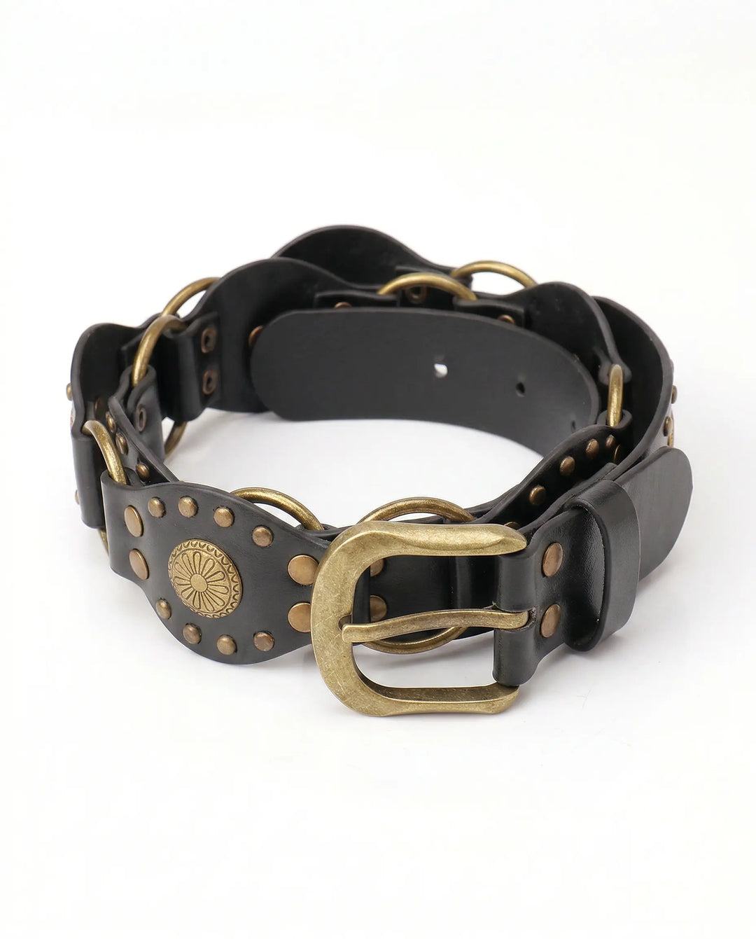 SOLACE  Black Faux Leather Antique Bronze Studded Double O-Ring Western Belt 