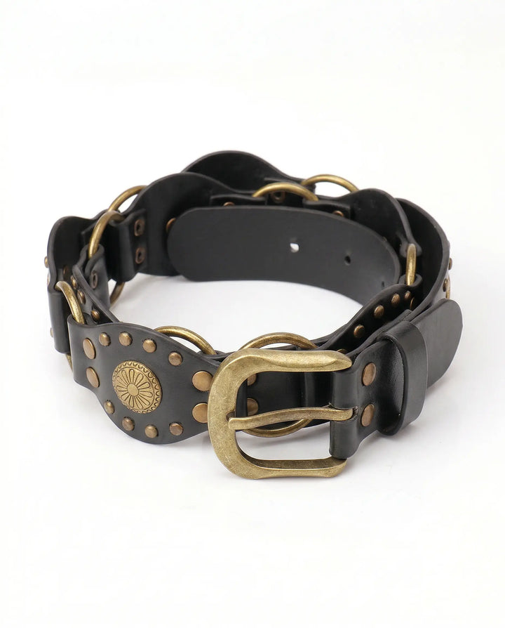 SOLACE  Black Faux Leather Antique Bronze Studded Double O-Ring Western Belt 