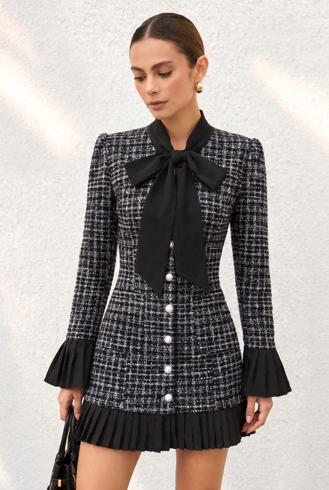 Elegant Checkered Bow Collar A-Line Mini Dress