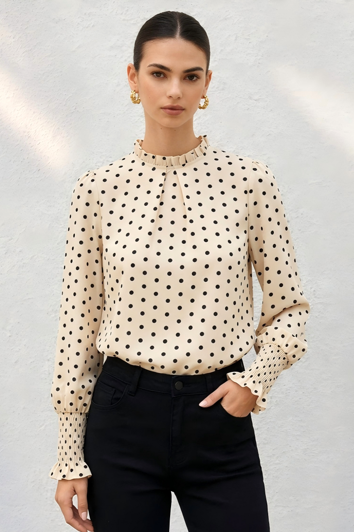Vintage Smocked Cuff Polka Dot Long Sleeve Top