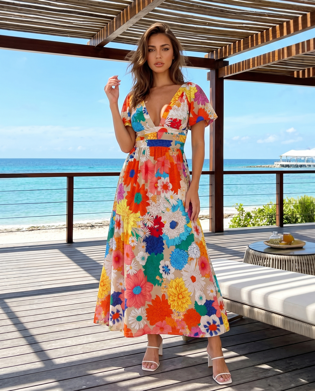 Multicolor Floral Print Deep V Neck Flutter Sleeve Midi Dress