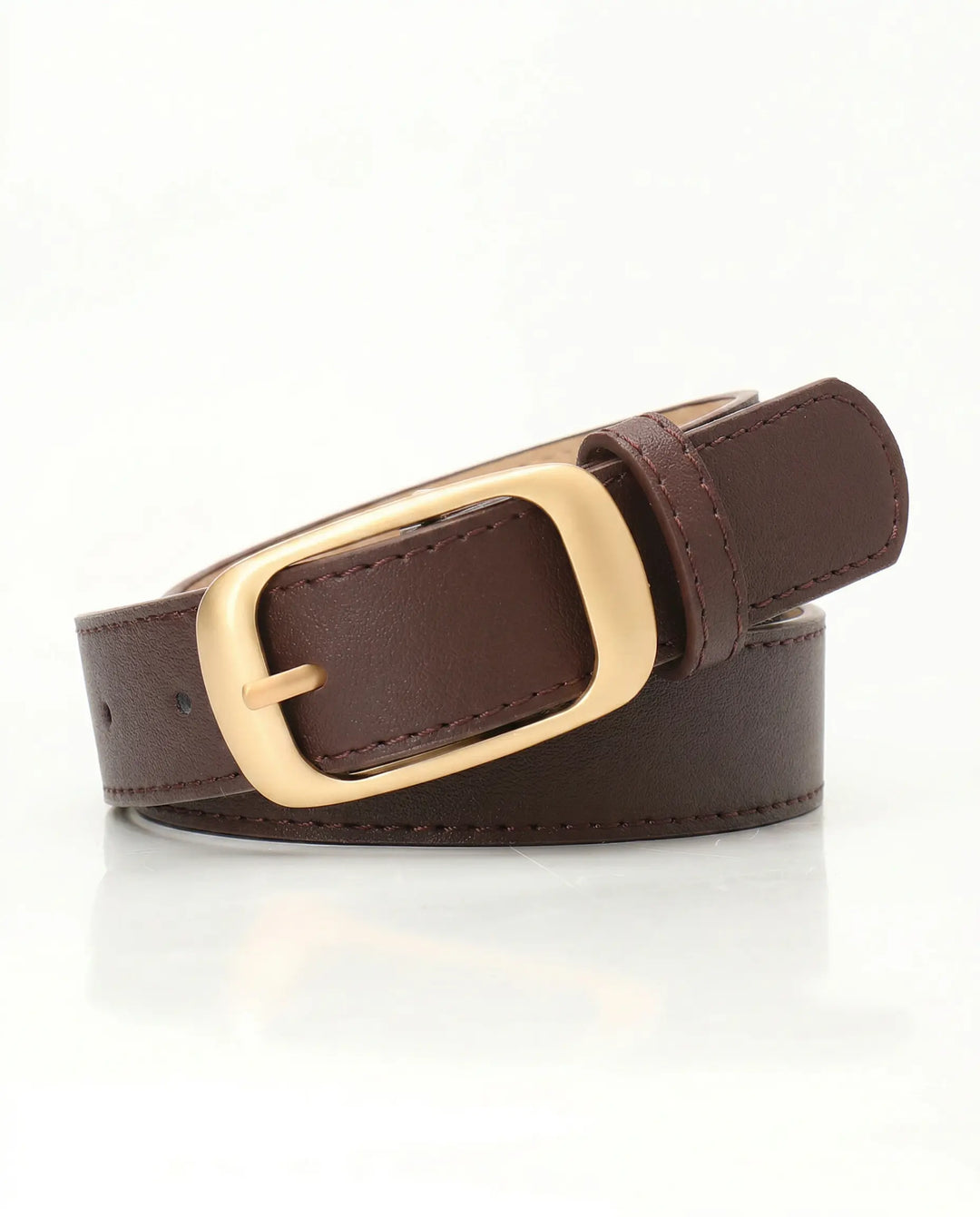 SOLACE  Dark Brown Faux Leather Gold Buckle Classic Casual Belt 