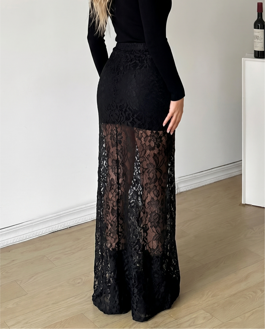 Black Lace High Waist Flared Mermaid Floor Length Maxi Skirt