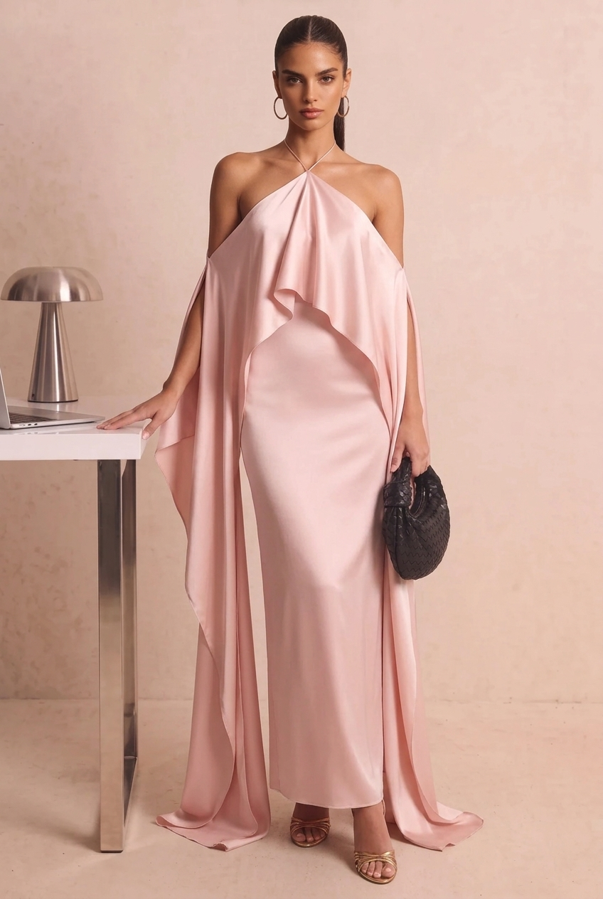 Halter Satin Cape Sleeve Maxi Evening Dress
