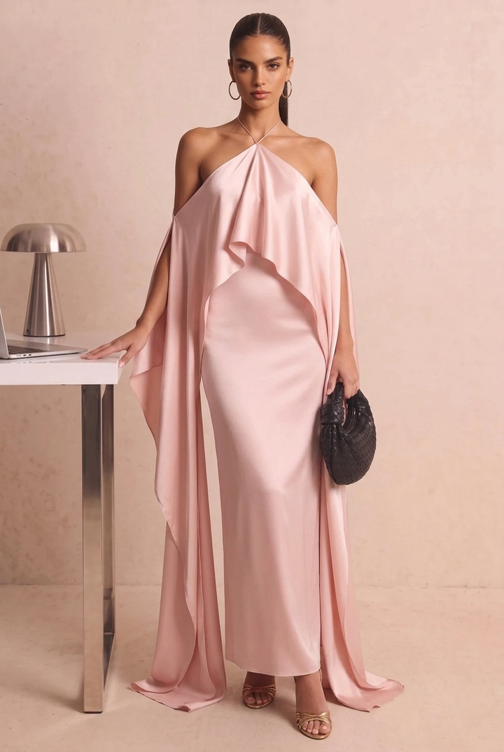 Halter Satin Cape Sleeve Maxi Evening Dress