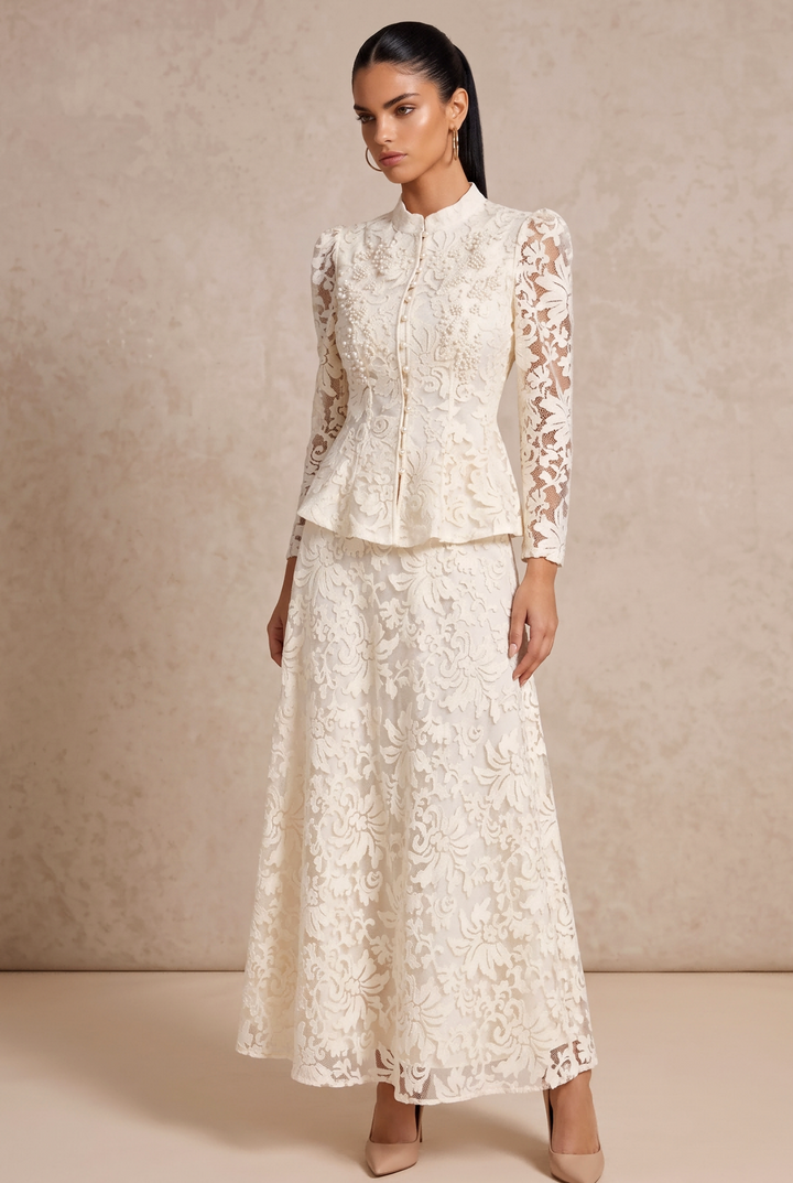 Beaded Lace Stand Collar Two Piece Maxi Skirt Set