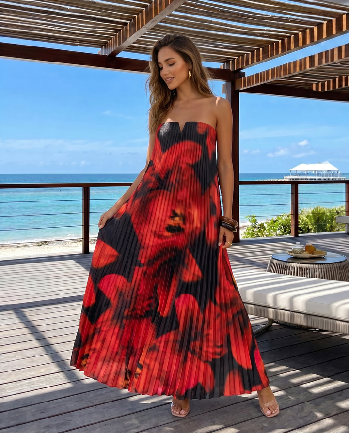 Black Red Floral Print Strapless Notched Tube Pleated Midi Dress
