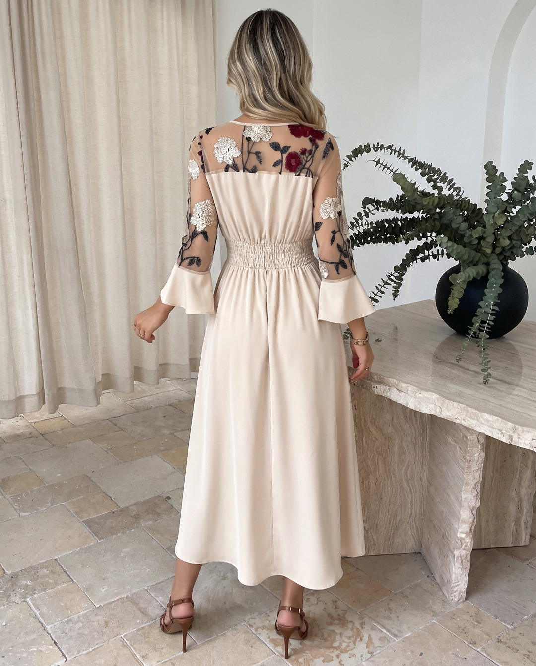 Elegant Floral Embroidered Mesh 3/4 Flare Sleeve Midi Dress