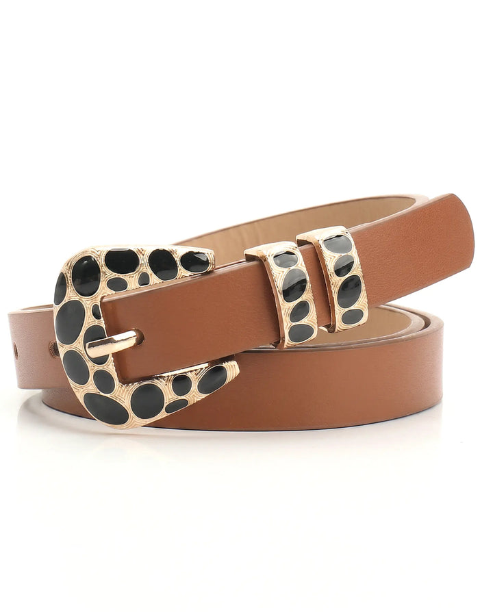 SOLACE  Tan PU Gold Tone Black Enamel Pebble Inlay Modern Belt 