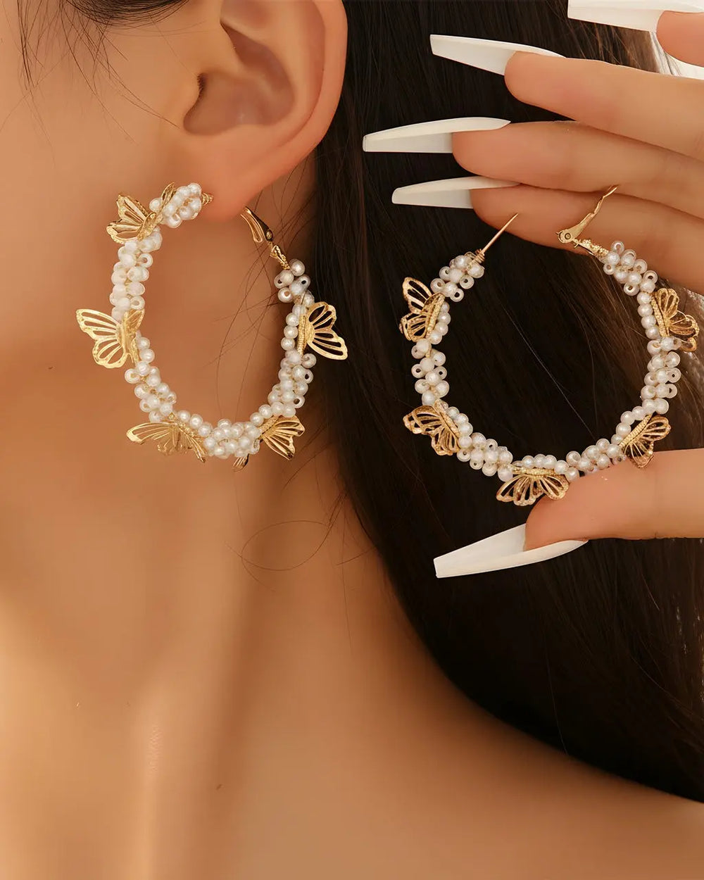 SOLACE  Gold Pearl Butterfly Hoop Earrings 