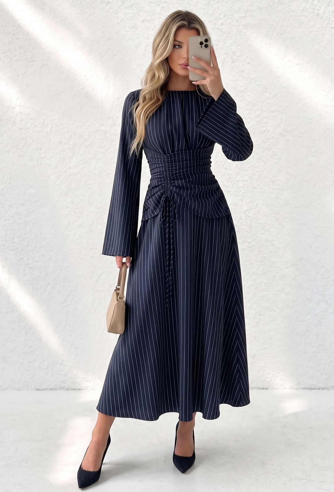 Round Neck Drawstring Side Pinstripe Midi Dress