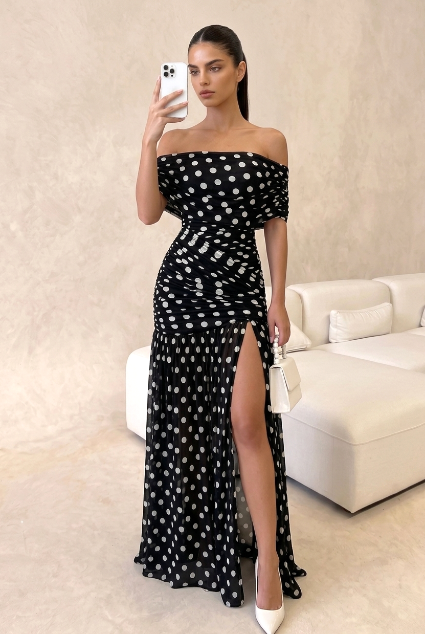 Ruched Sheer Polka Dot Bodycon Long Dress