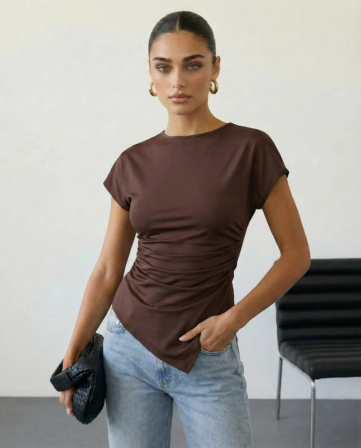 SOLACE  Brown Ruched Side Short Sleeve T-Shirt 