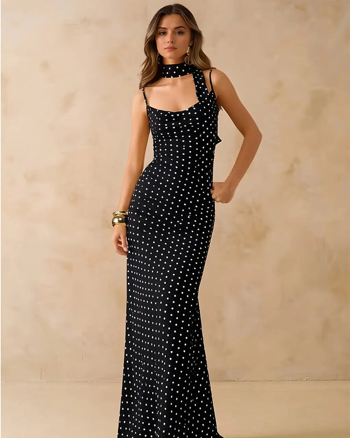Black Polka Dot Cowl Neck Slip Maxi Dress SOLACE