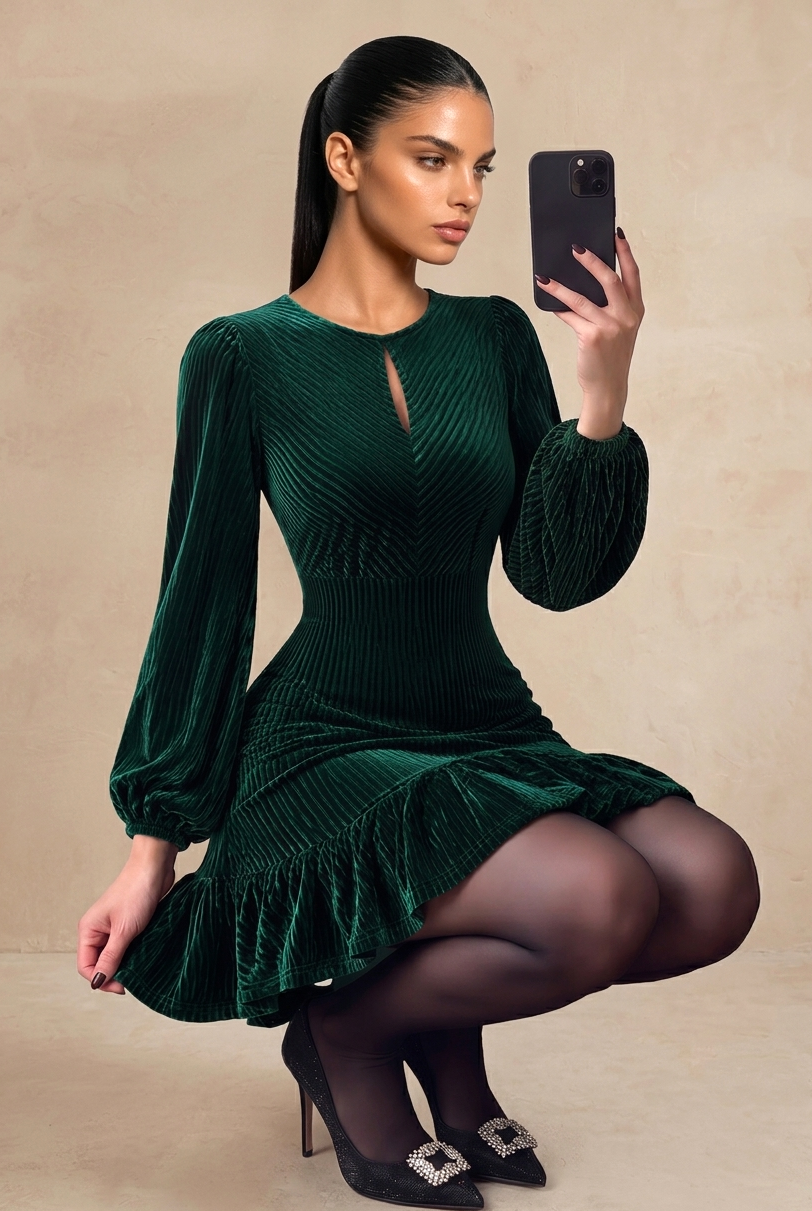 Dark Green Velvet Long Sleeve Bodycon Mini Dress