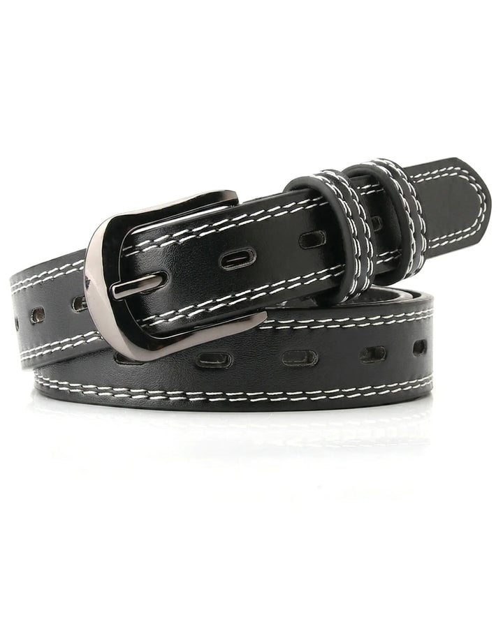 SOLACE  Black PU Leather White Stitching Gunmetal Buckle Casual Belt 