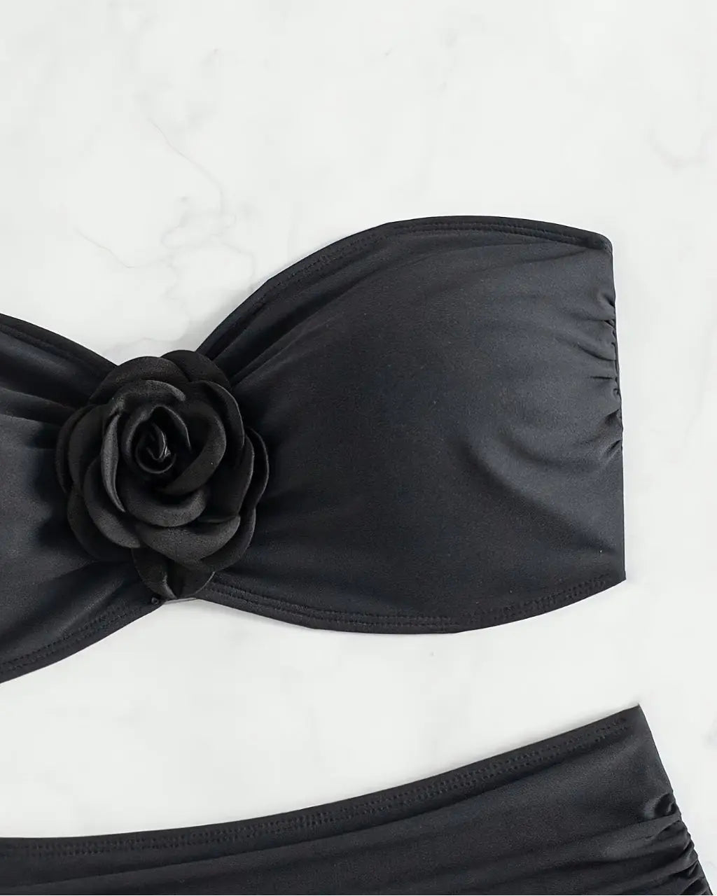Black Strapless Bandeau Bikini Set With 3d Rose Applique SOLACE