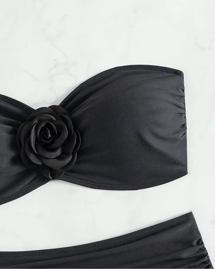 Black Strapless Bandeau Bikini Set With 3d Rose Applique SOLACE