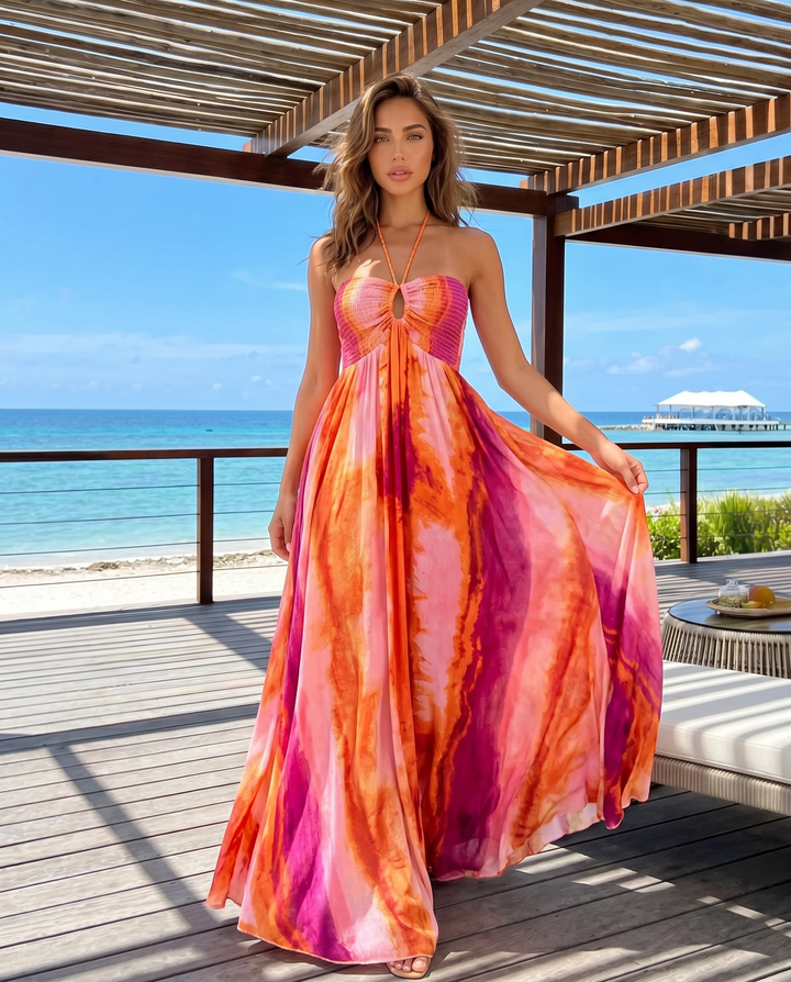 Orange Tie Dye Halter Smocked Bust Flowy Maxi Dress