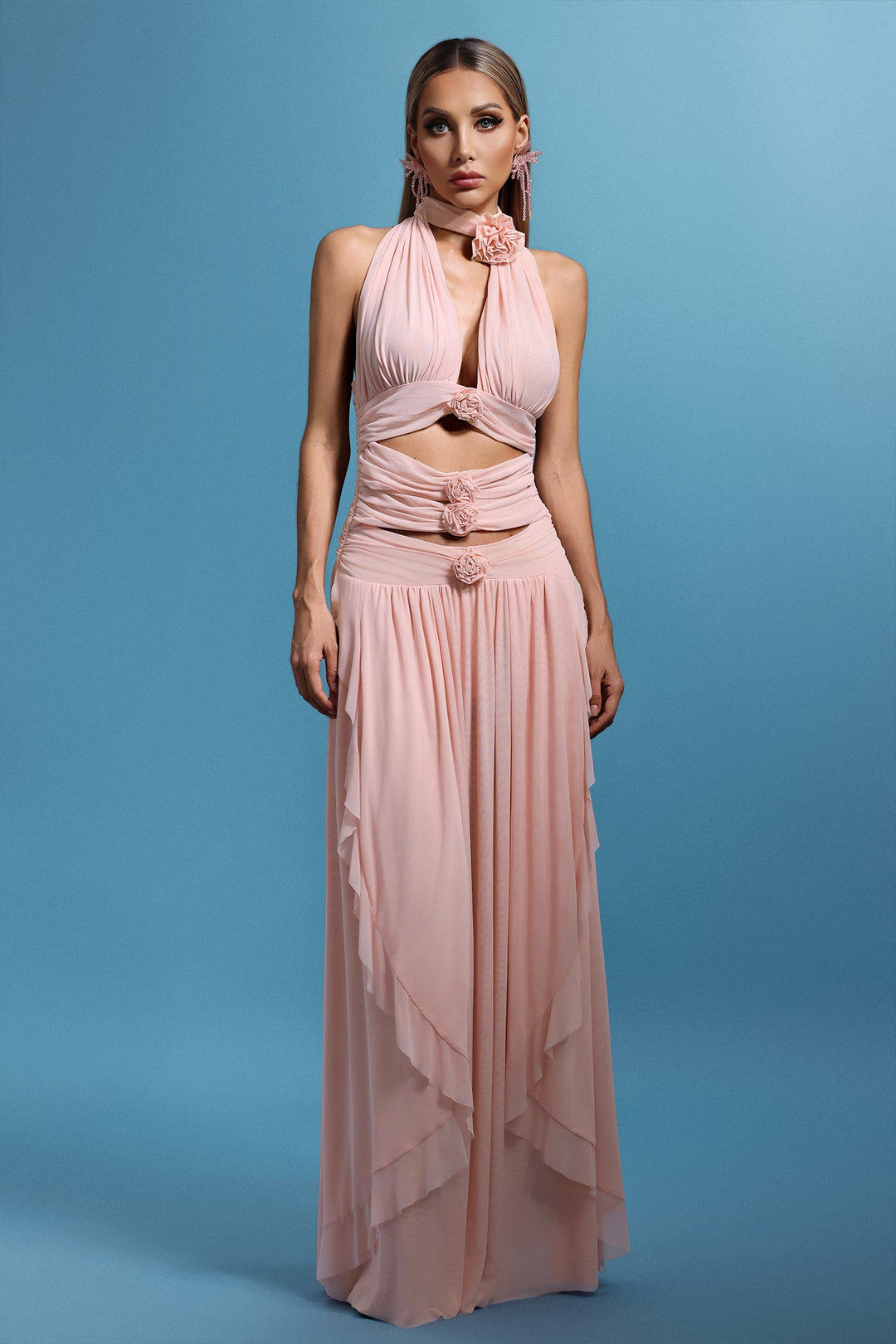 Sharian Sleevess Halter Hollowed out Flowers Maxi Dress bellabarnett