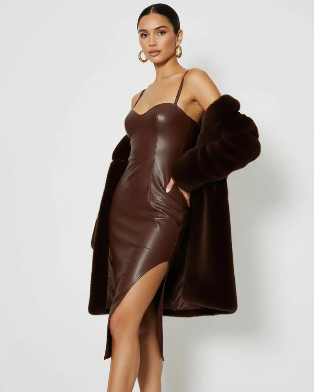 Brown Leather Strappy Midi Dress SOLACE