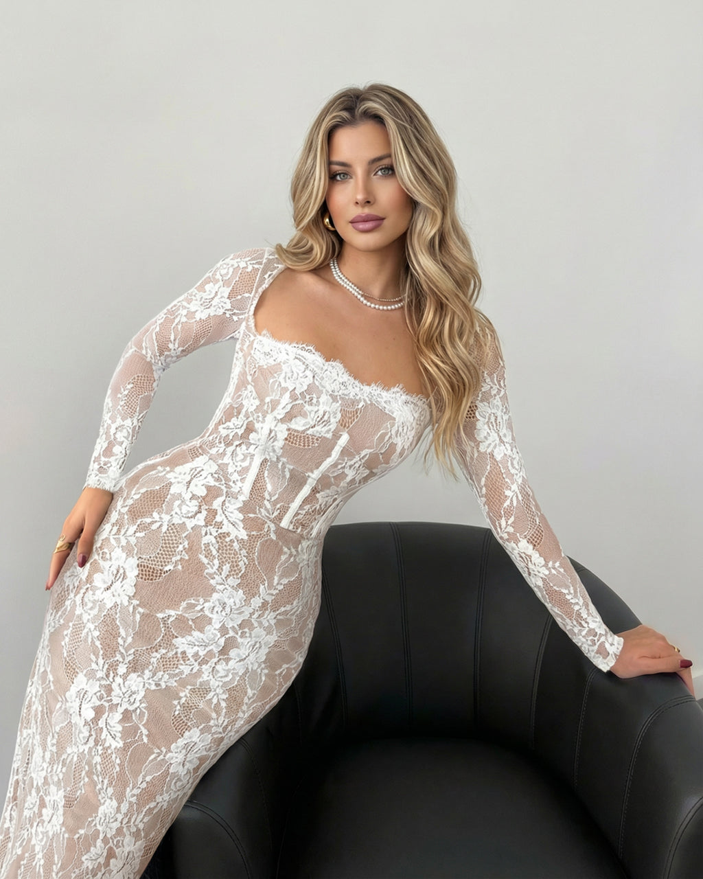 White Lace Long-Sleeved Bodycon Maxi Dress SOLACE
