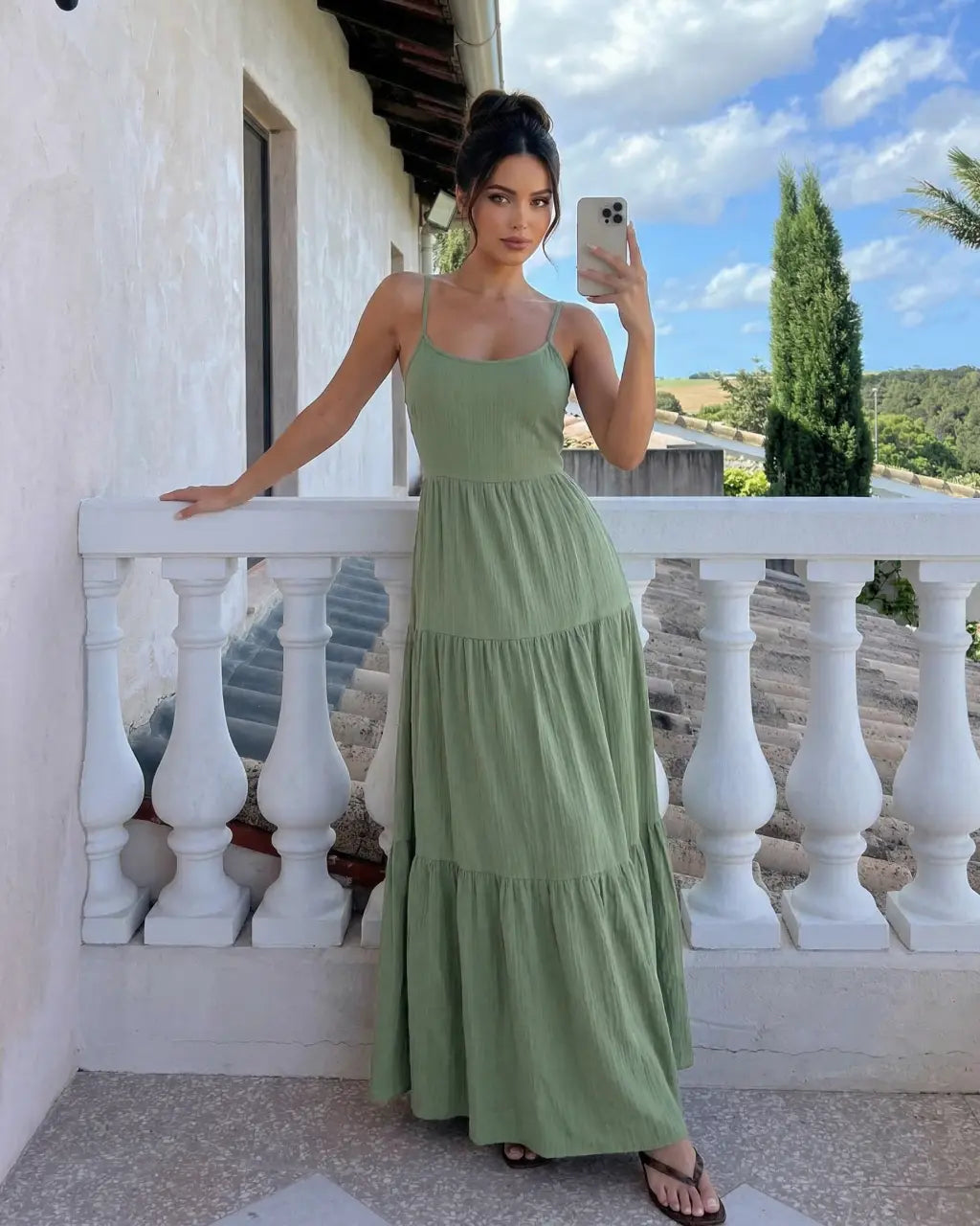 SOLACE  Sage Green Flowy Linen Blend Relaxed Fit Maxi Dress 