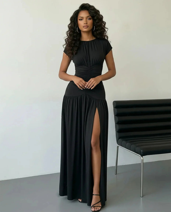 SOLACE  Black Ruched Waist Cap Sleeve High Split Maxi Dress 