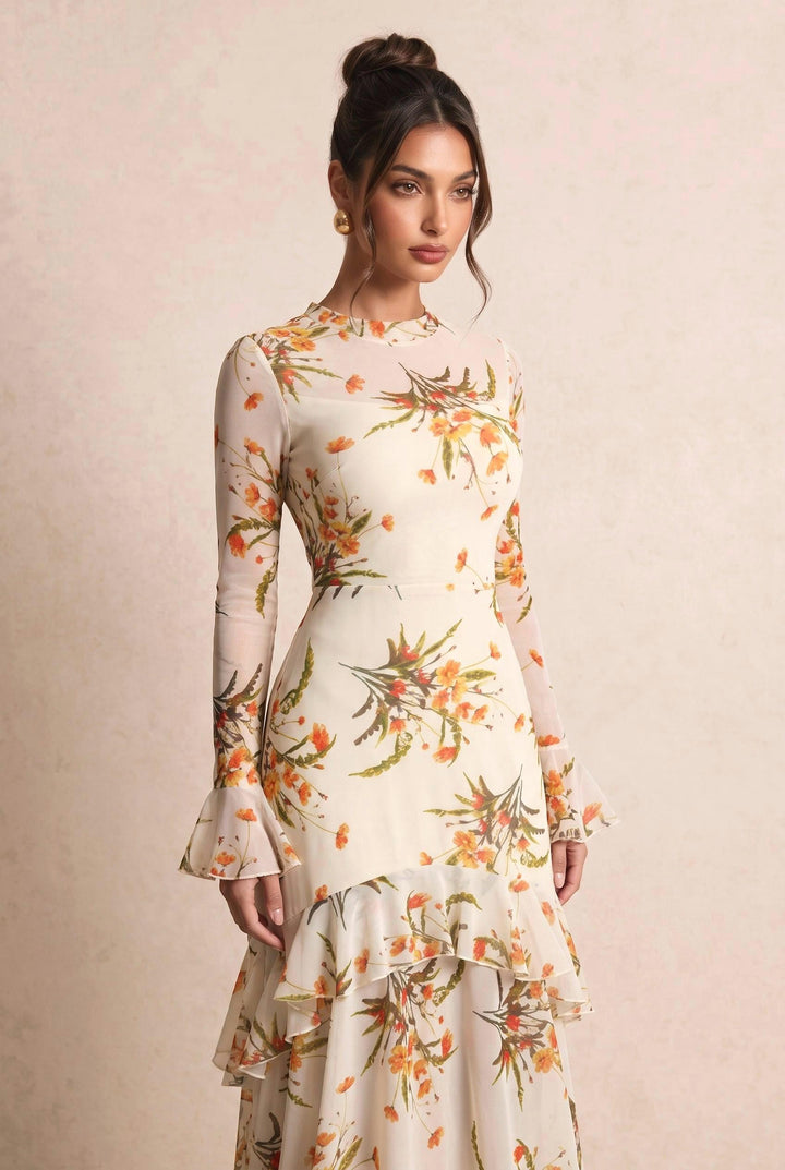 Mesh Floral Print Flare Sleeve Double Layer Dress