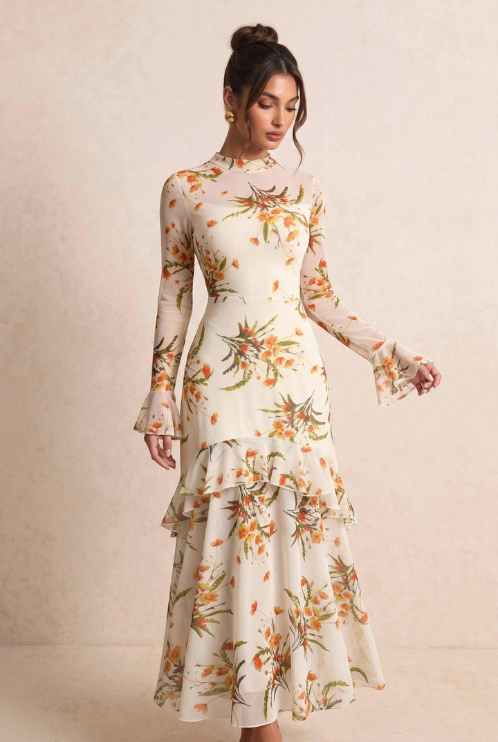 Mesh Floral Print Flare Sleeve Double Layer Dress