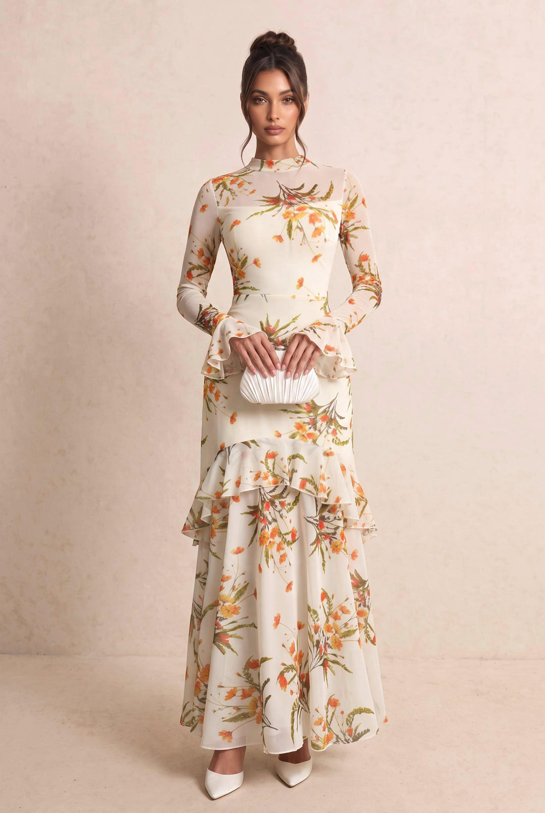 Mesh Floral Print Flare Sleeve Double Layer Dress