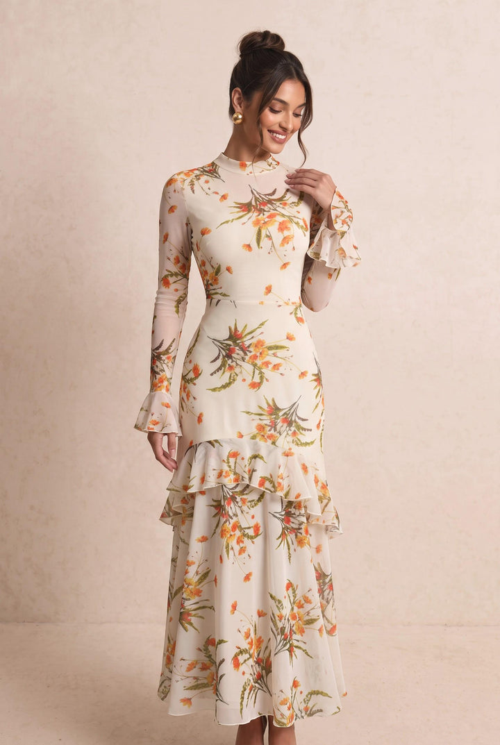 Mesh Floral Print Flare Sleeve Double Layer Dress