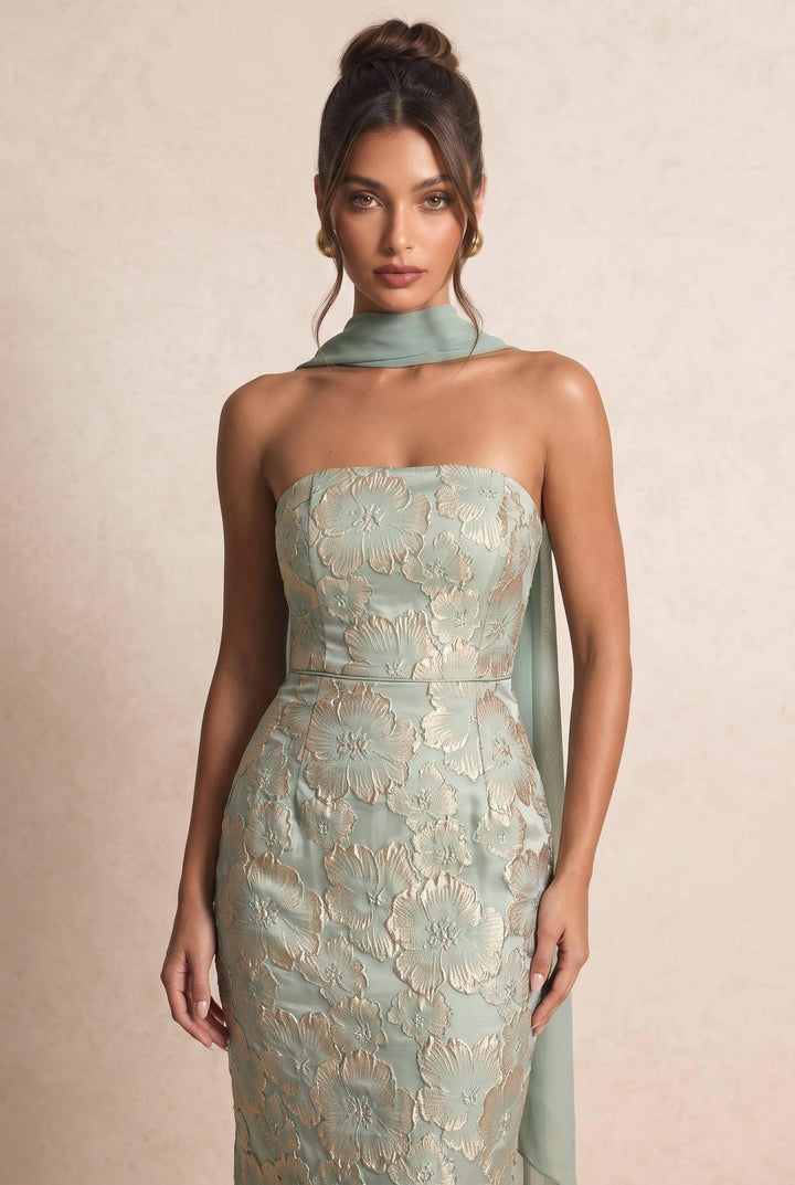 Floral Jacquard Fabric Strapless Dress With Neck Tie