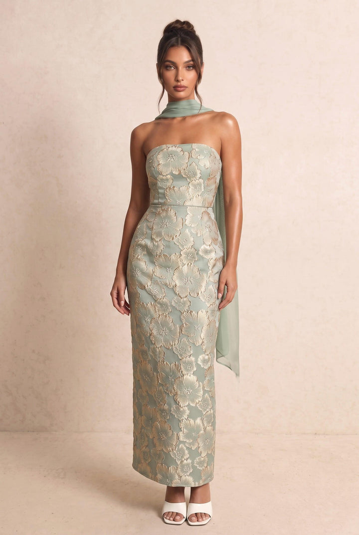 Floral Jacquard Fabric Strapless Dress With Neck Tie