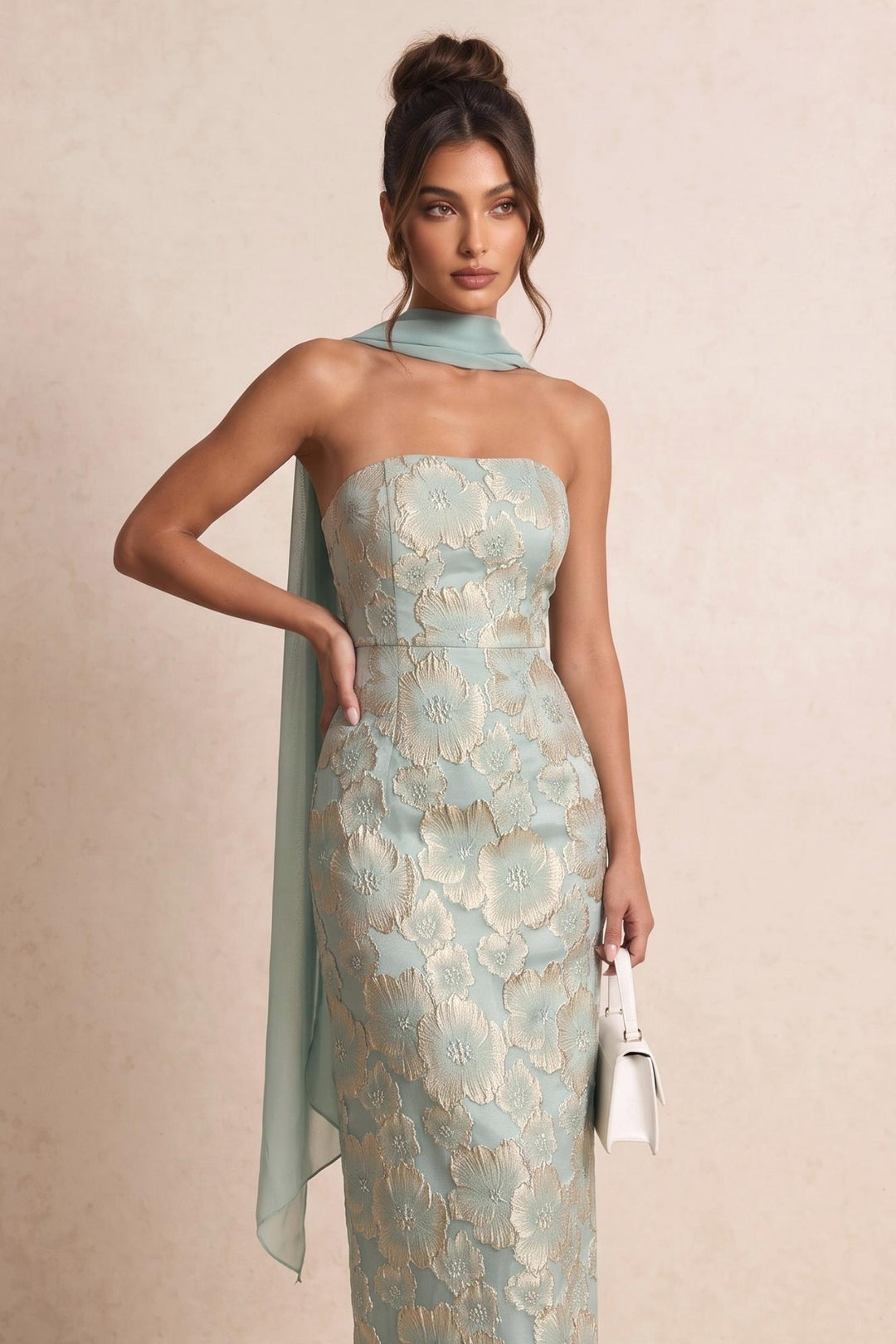 Floral Jacquard Fabric Strapless Dress With Neck Tie