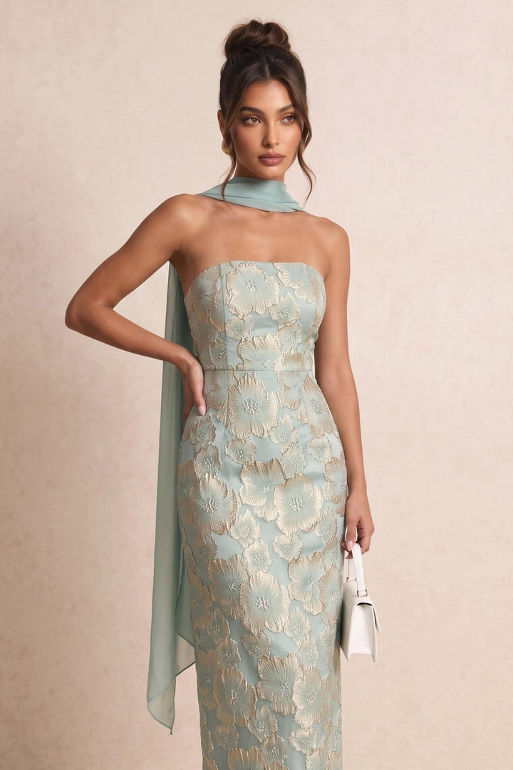 Floral Jacquard Fabric Strapless Dress With Neck Tie
