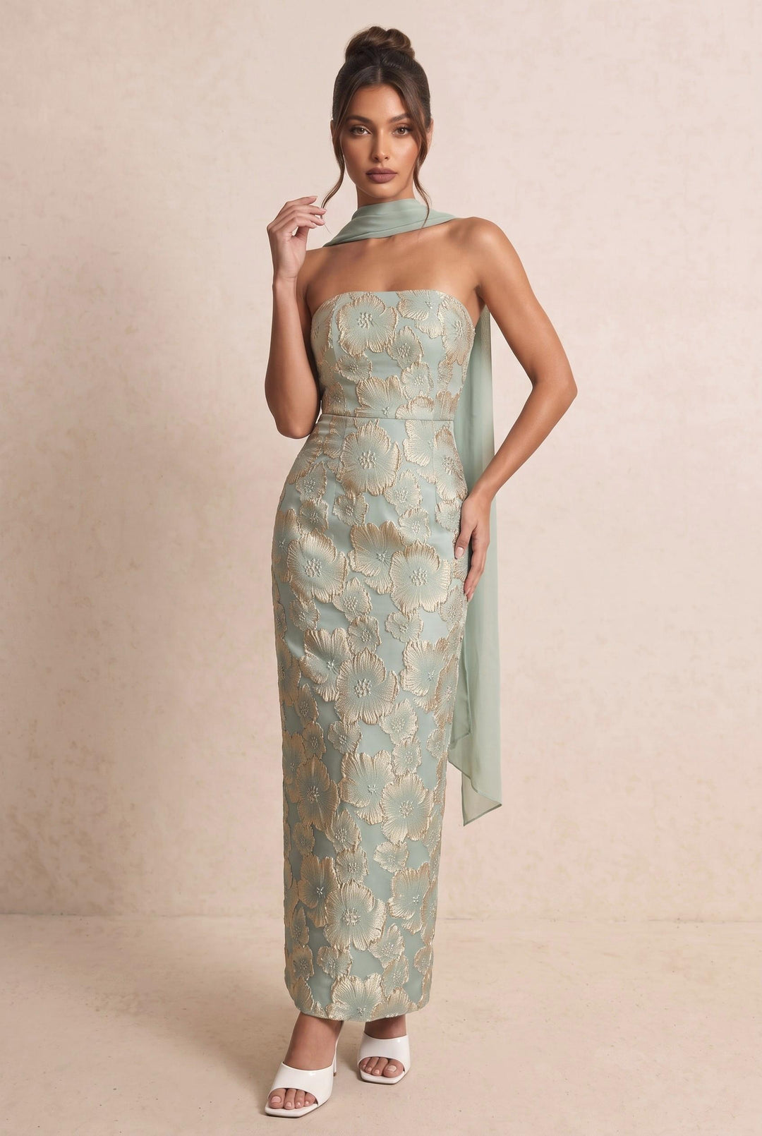 Floral Jacquard Fabric Strapless Dress With Neck Tie