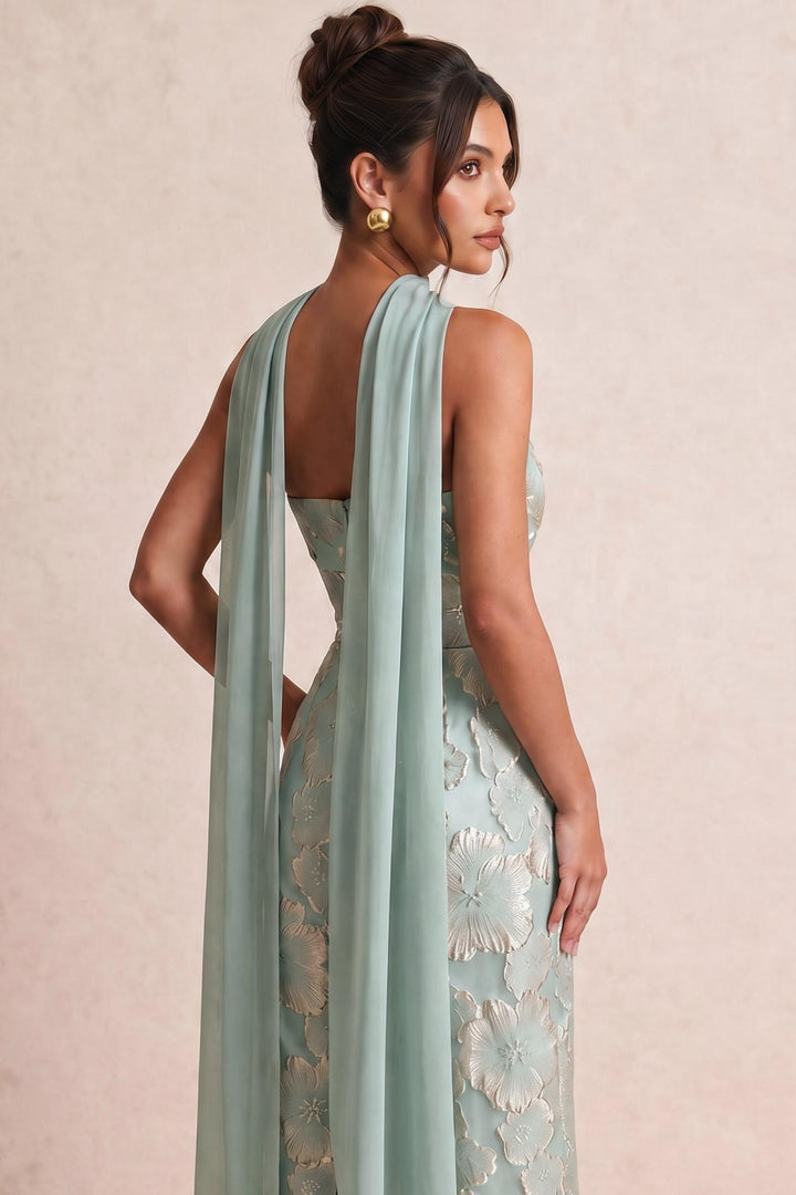 Floral Jacquard Fabric Strapless Dress With Neck Tie