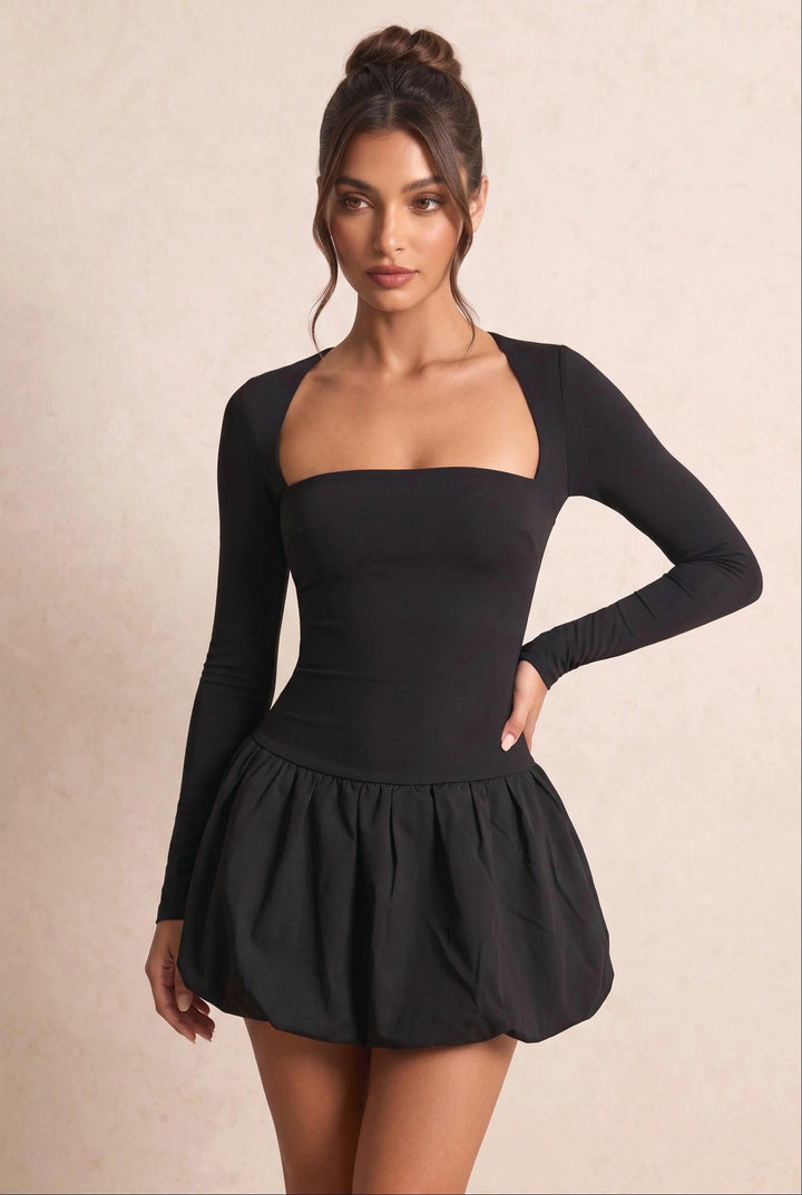 Open Back Bubble Hem Long Sleeve Mini Dress