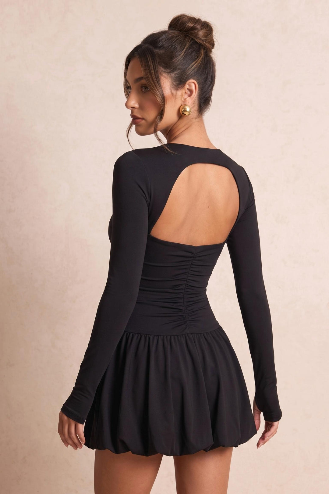 Open Back Bubble Hem Long Sleeve Mini Dress