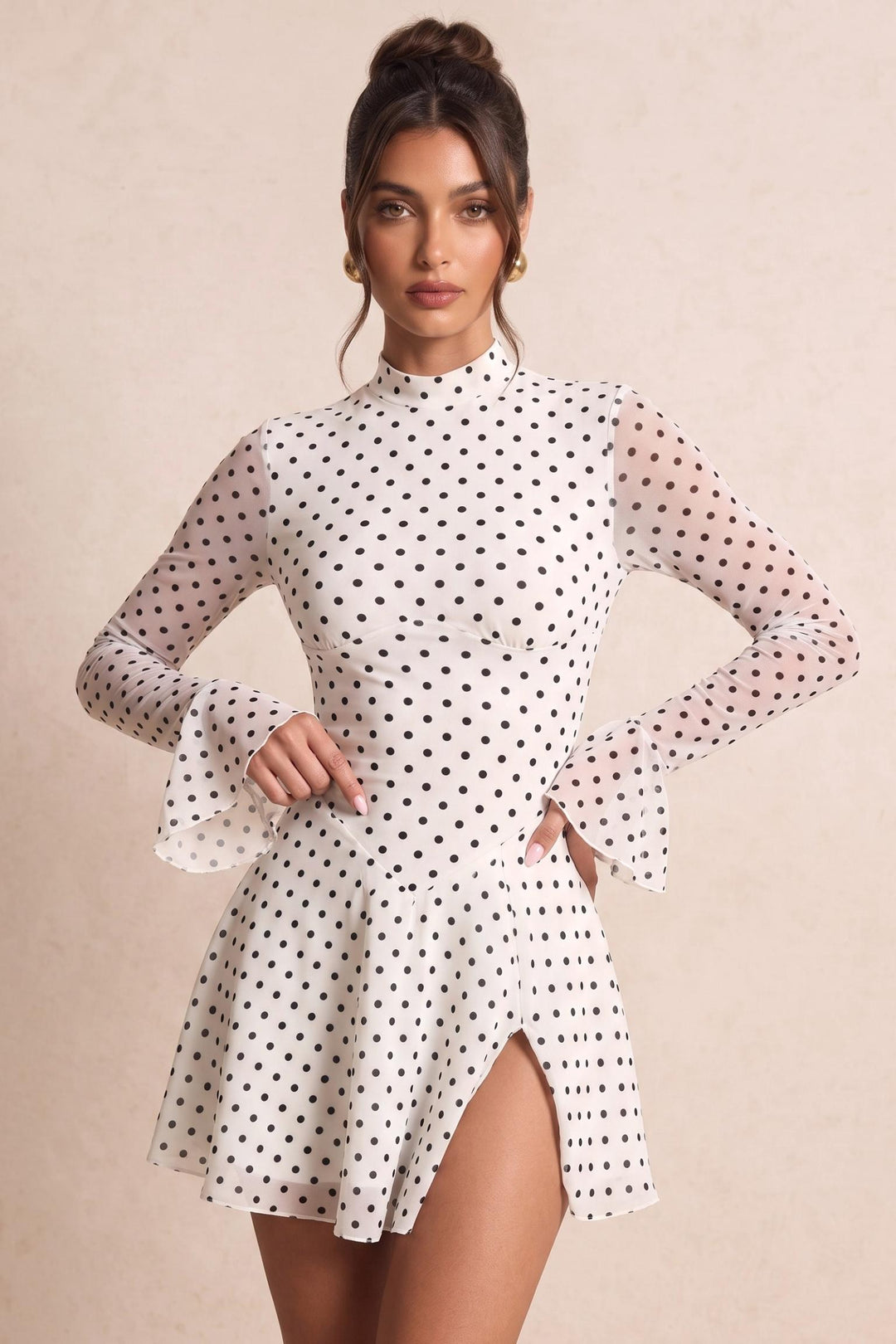 Polka Dot Print Long Sleeve A-Line Mini Dress