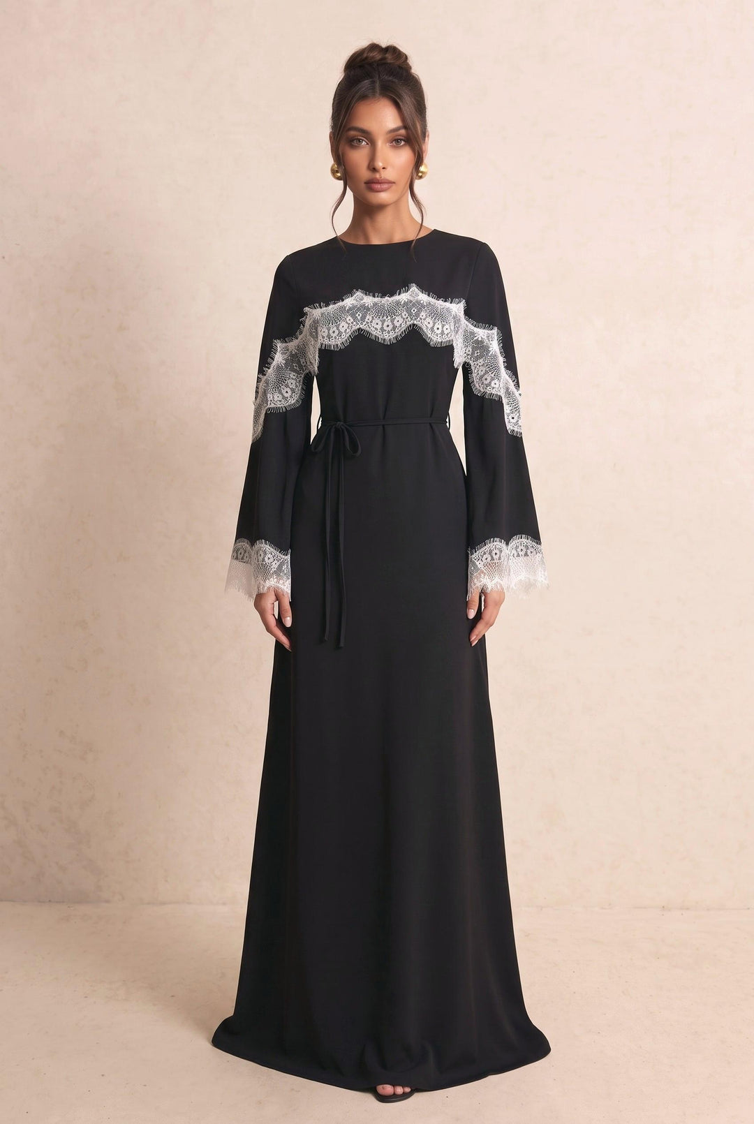 Lace Splice Maxi Dress With Fixed Cape