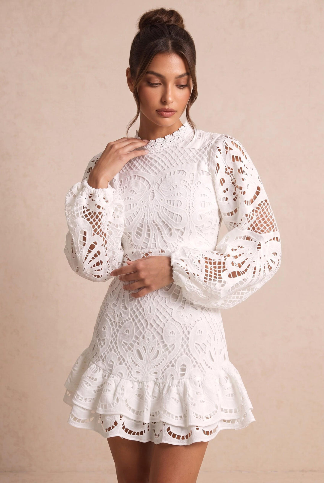 Allover Lace Flounce Hem Long Sleeve Dress
