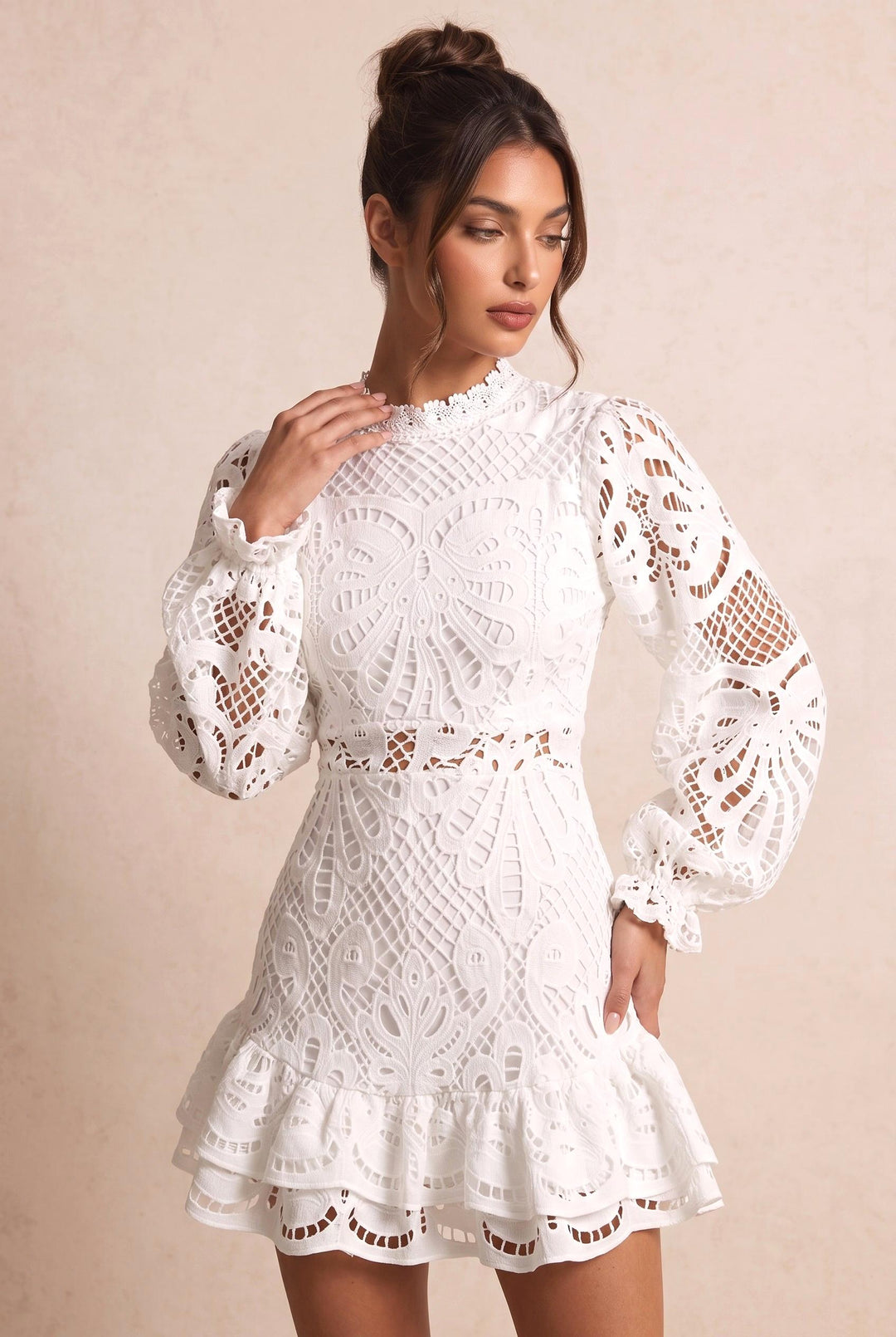Allover Lace Flounce Hem Long Sleeve Dress
