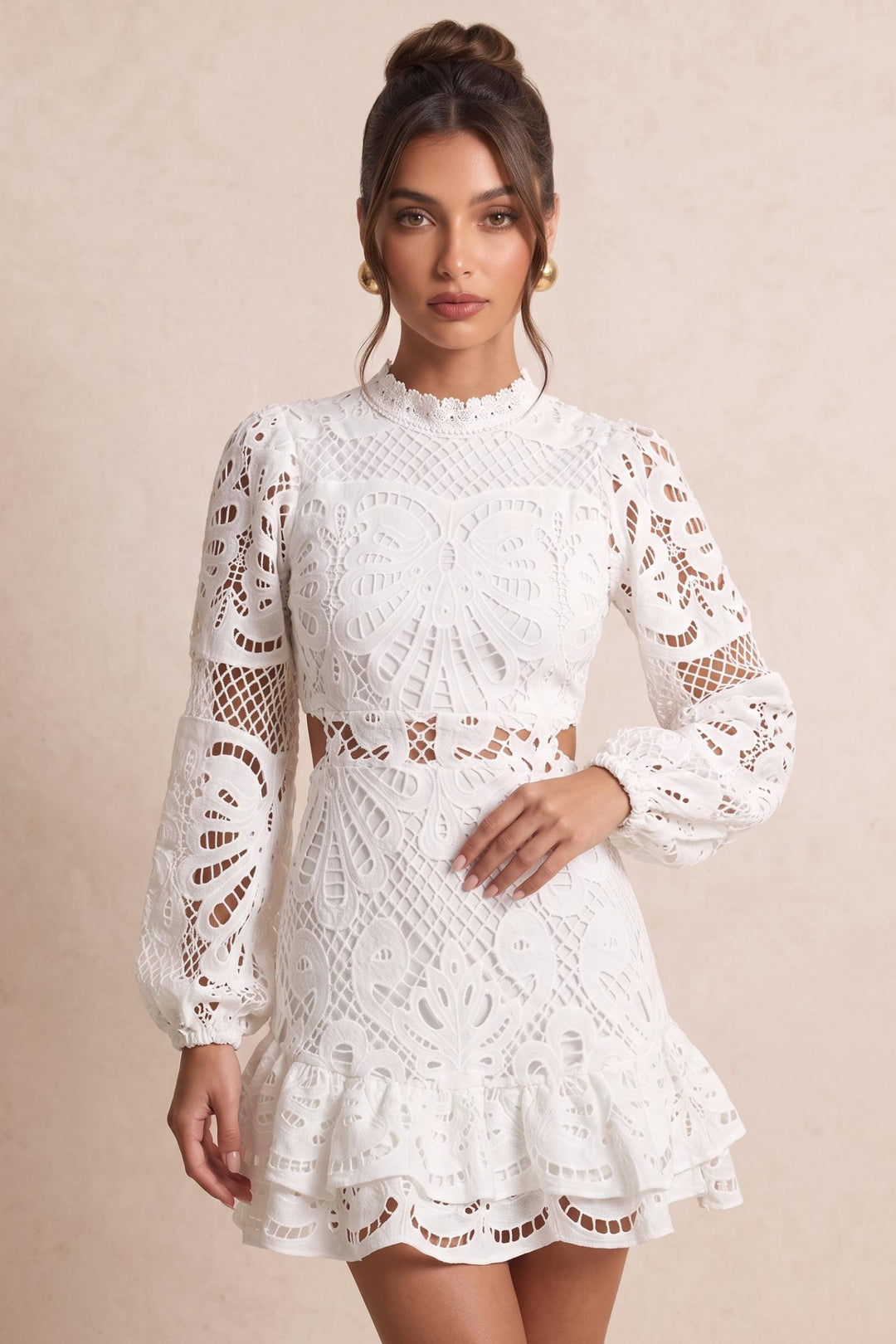 Allover Lace Flounce Hem Long Sleeve Dress