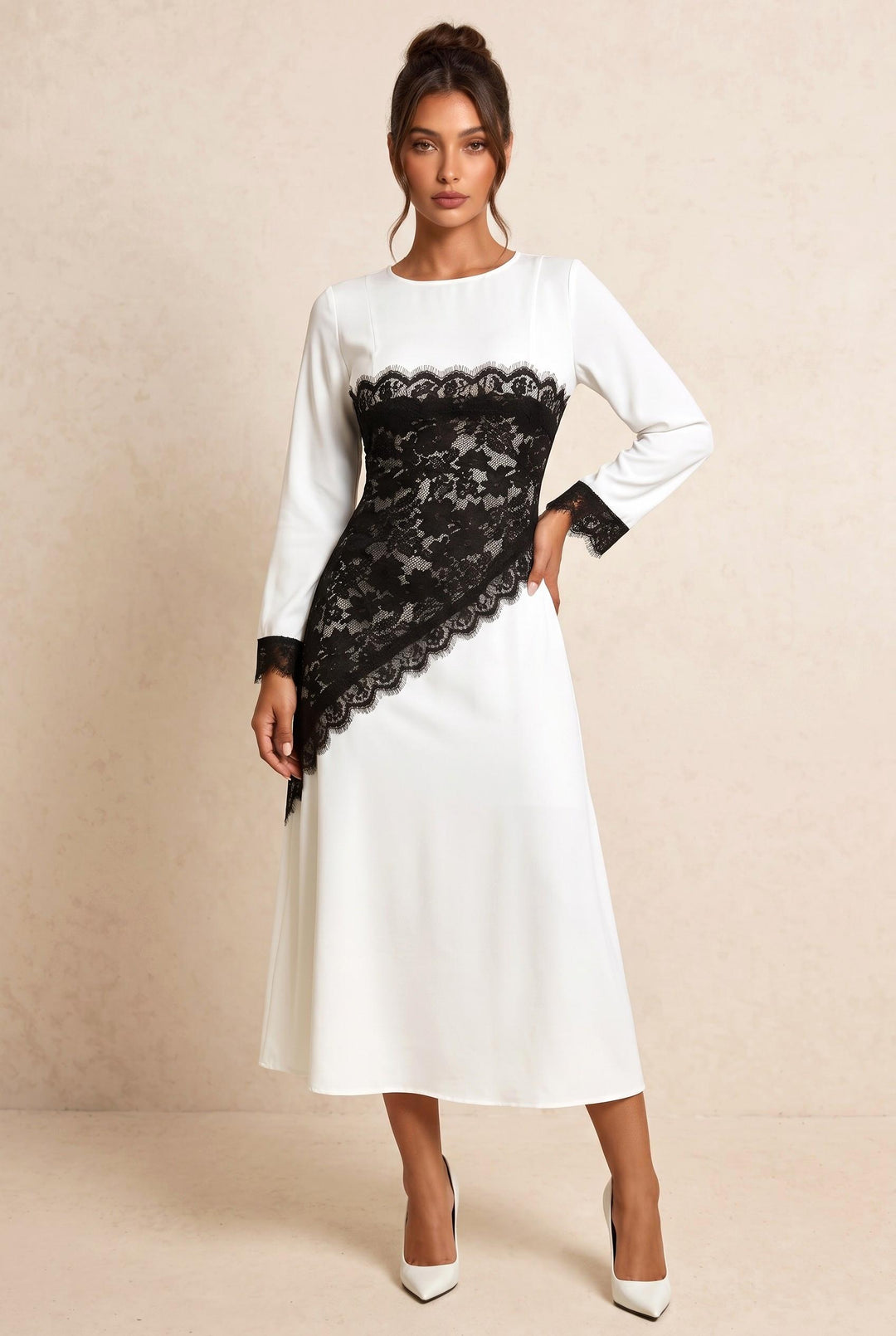 Asymmetric Lace Patchwork Midi Dress