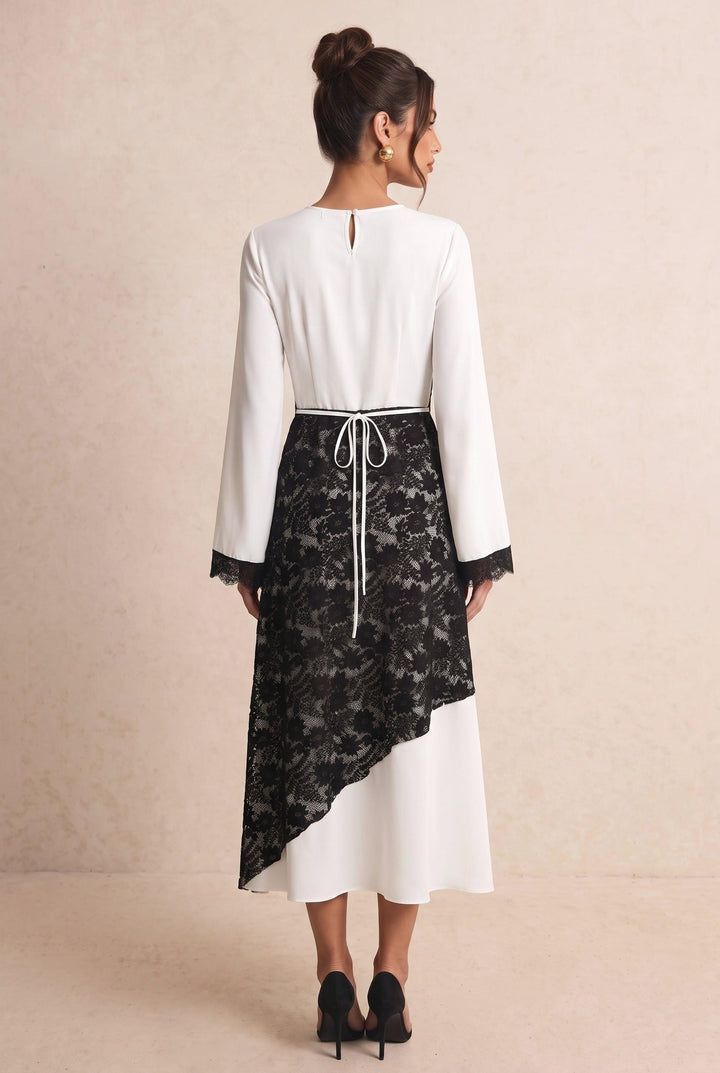 Asymmetric Lace Patchwork Midi Dress