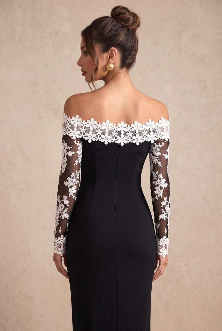 Off Shoulder Floral Lace Bodycon Midi Dress