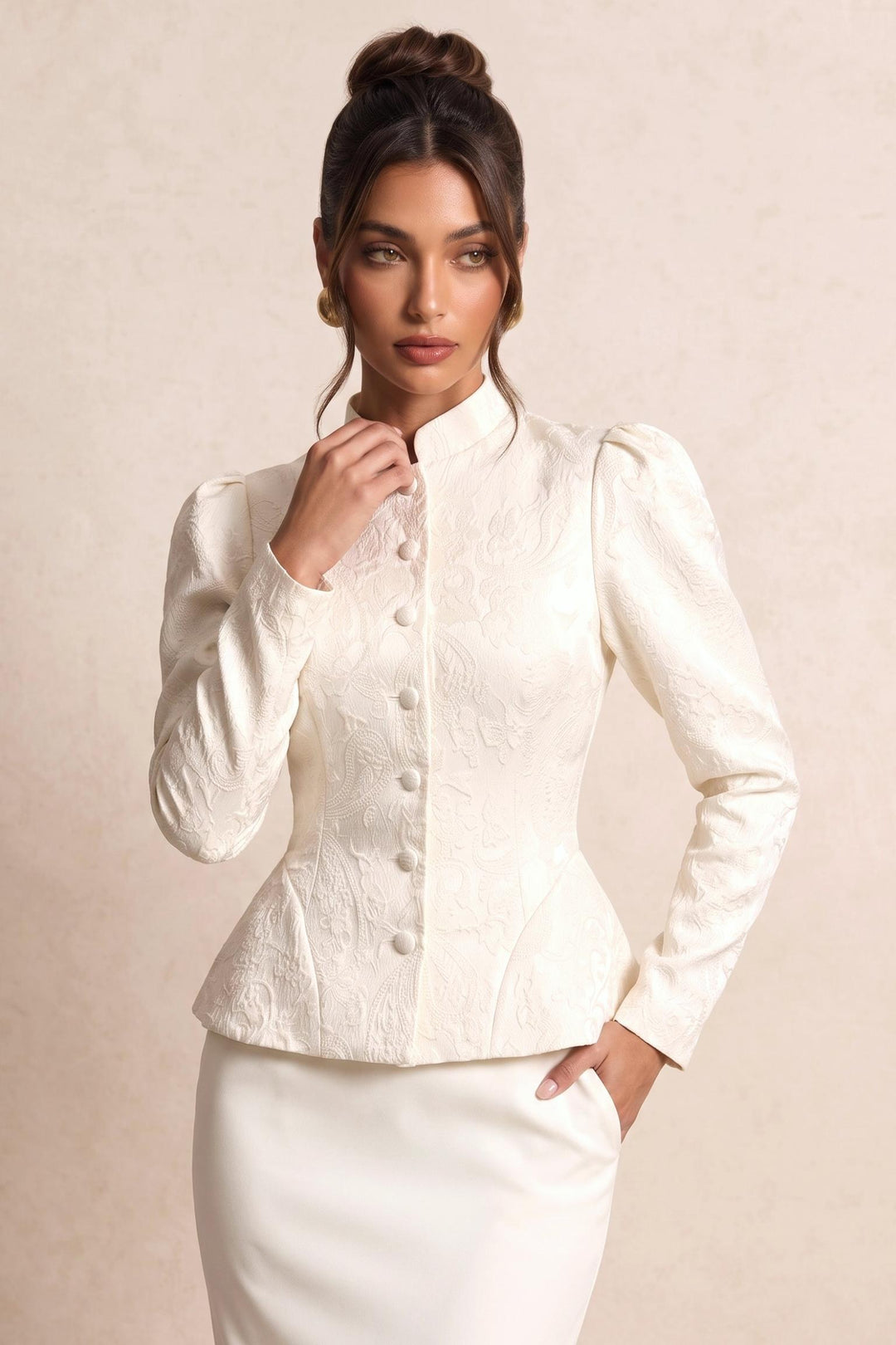 Acquard Puff Sleeve Cinched Waist Ruffle Hem Jacket